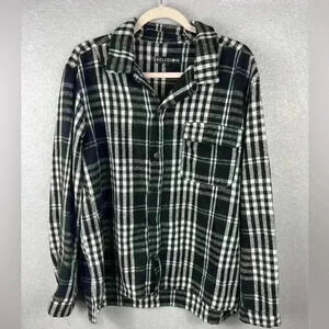 RELIGION Plaid Button Up Womens XL Black/White Long Sleeve Front Pocket Patch
